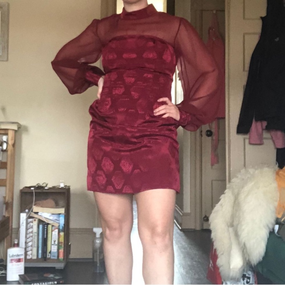 Sheer Sleeve Mock-Neck Mini Dress - Picture 3 of 10